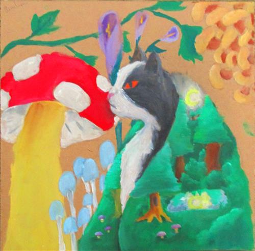 Chalk drawing of a cat in a kimono and a red mushroom
